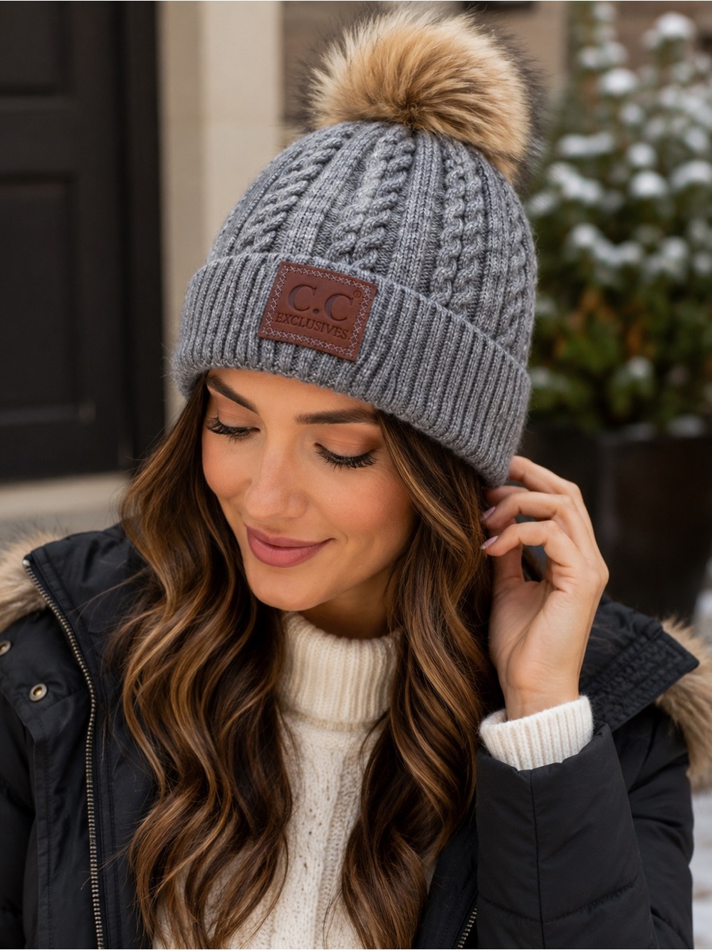 C.C. Exclusives Double Braided Faux Fur Pom Beanie Gray NWT